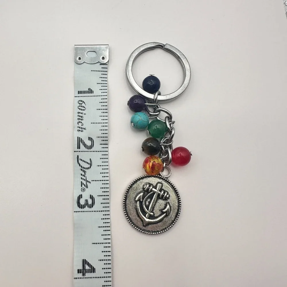 Vintage 80s 7 Chakra Healing Stone Keychain Yoga Reiki Anchor Charm Gift Jewelry